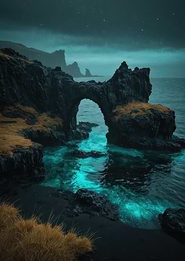 Nocturnal Coastal Arch with Bioluminescent Tide