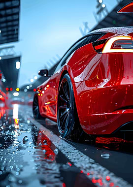 Red Car on Wet City Street