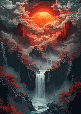 Pixel Art Waterfall Landscape with Red Moon