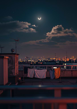Night Cityscape with Moon and Laundry
