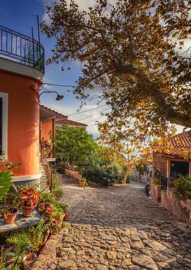 Picturesque European Village Street Scene, Molivos, Lesbos