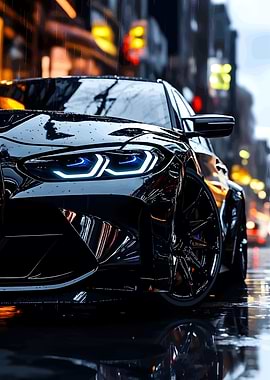 Sleek Black Car in Rainy Cityscape