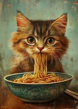 Cat eating noodles from a bowl