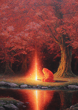 Monk Meditation in Autumn Forest