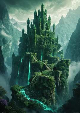 Emerald Citadel on a Misty Mountain - Fantasy Castle Digital Art