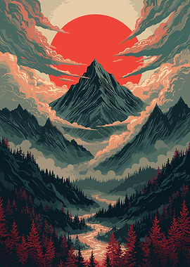 Pixel Art Mountain Scenery with a Red Sun