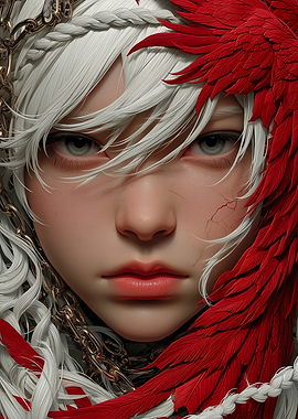 Albino woman with red feathers