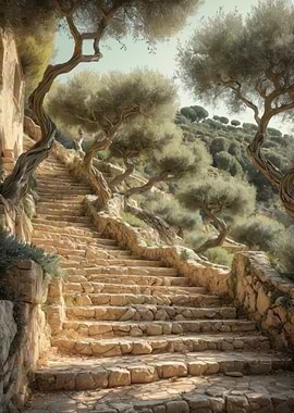 Sunlit Stone Steps Through Twisted Olive Trees — Mediterranean Terrace Path