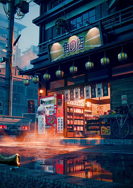 Japanese Street Corner Store at Night
