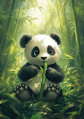 Cute Panda Eating Bamboo in Forest