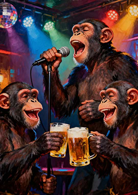 Chimpanzees singing karaoke with beer