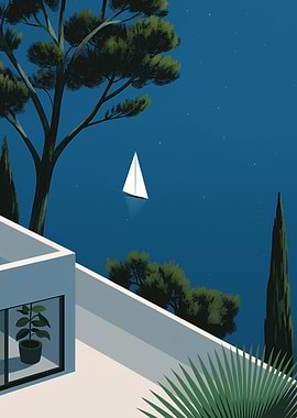 Night Seascape with Sailboat and Villa