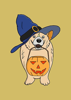 Corgi Witch with Pumpkin