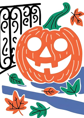 Halloween Pumpkin with Leaves Illustration