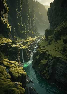 Emerald Canyon — Moss-Covered Gorge with Turquoise River and Waterfalls