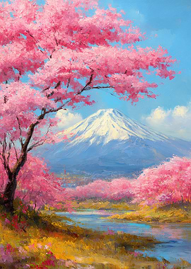 Cherry Blossoms and Mountain Landscape Painting