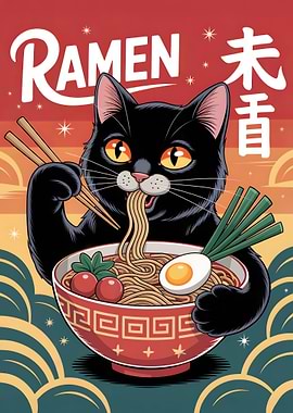 Black Cat Eating Ramen Illustration