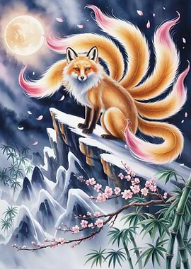 Nine-tailed Fox on Snowy Mountain