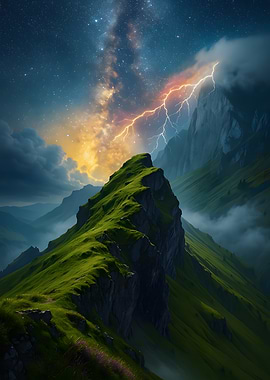 Mountain peak under starry sky with lightning