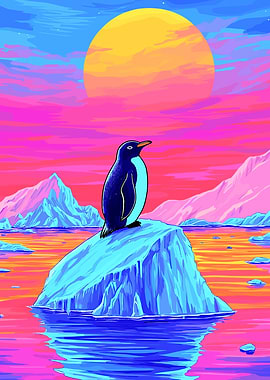 Penguin on Iceberg with Colorful Sky