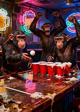 Chimpanzees Playing Beer Pong in a Bar