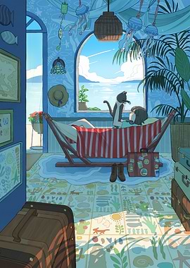 Coastal Room with Hammock and Cat