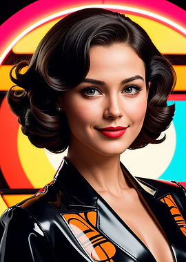 Retro Glam Portrait with Glossy Jacket and Neon Circles