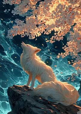 White Fox Under Cherry Blossom Tree