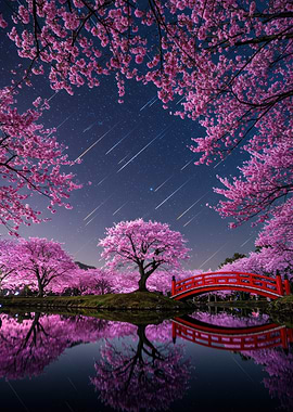 Cherry Blossoms, Bridge, and Starry Sky