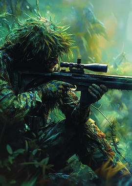 Camouflaged Sniper in Lush Greenery