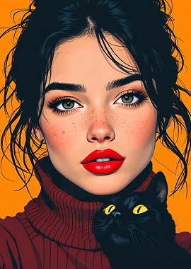 Woman with Black Cat Portrait