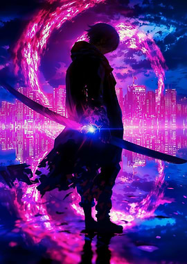 Cyberpunk Warrior with Katana in Cityscape