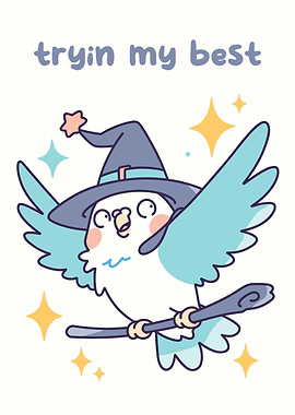 Cute Bird Witch Flying on Broom
