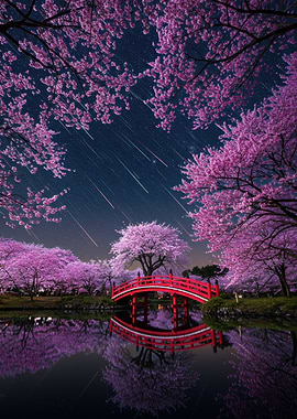 Cherry Blossoms, Bridge, and Meteor Shower
