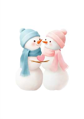 Cute Snowman Couple with Pink Heart