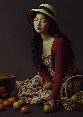 Beautiful Young Woman with Hat and Citrus Fruit
