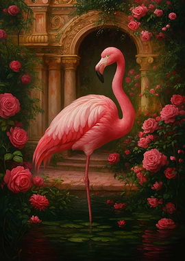 Flamingo in Rose Garden Painting