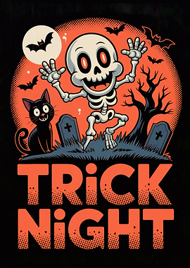 Halloween Cartoon: Skeleton, Cat, and Bats