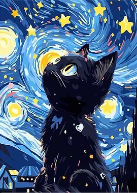 Black Cat Starry Night Art