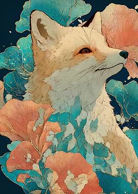 Fox Portrait with Floral Elements