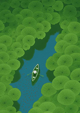 Man in Boat Surrounded by Lilypads