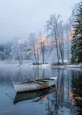 Winter Lake with Boat and Frost Scandinavia