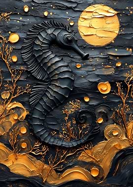 Black Seahorse with Golden Accents