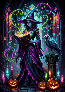 Halloween Witch with Raven and Pumpkins