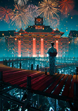 Japanese Festival with Fireworks and Kimono