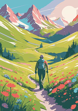 Hiker in Mountain Landscape Illustration