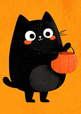 Cute Black Cat with Pumpkin Basket Vintage Halloween Poster
