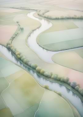 Dreamy Aerial River Winding Through Pastel Patchwork Fields