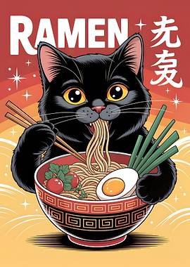 Black Cat Eating Ramen Illustration