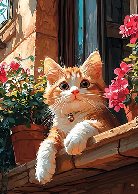 Ginger Kitten with Flowers